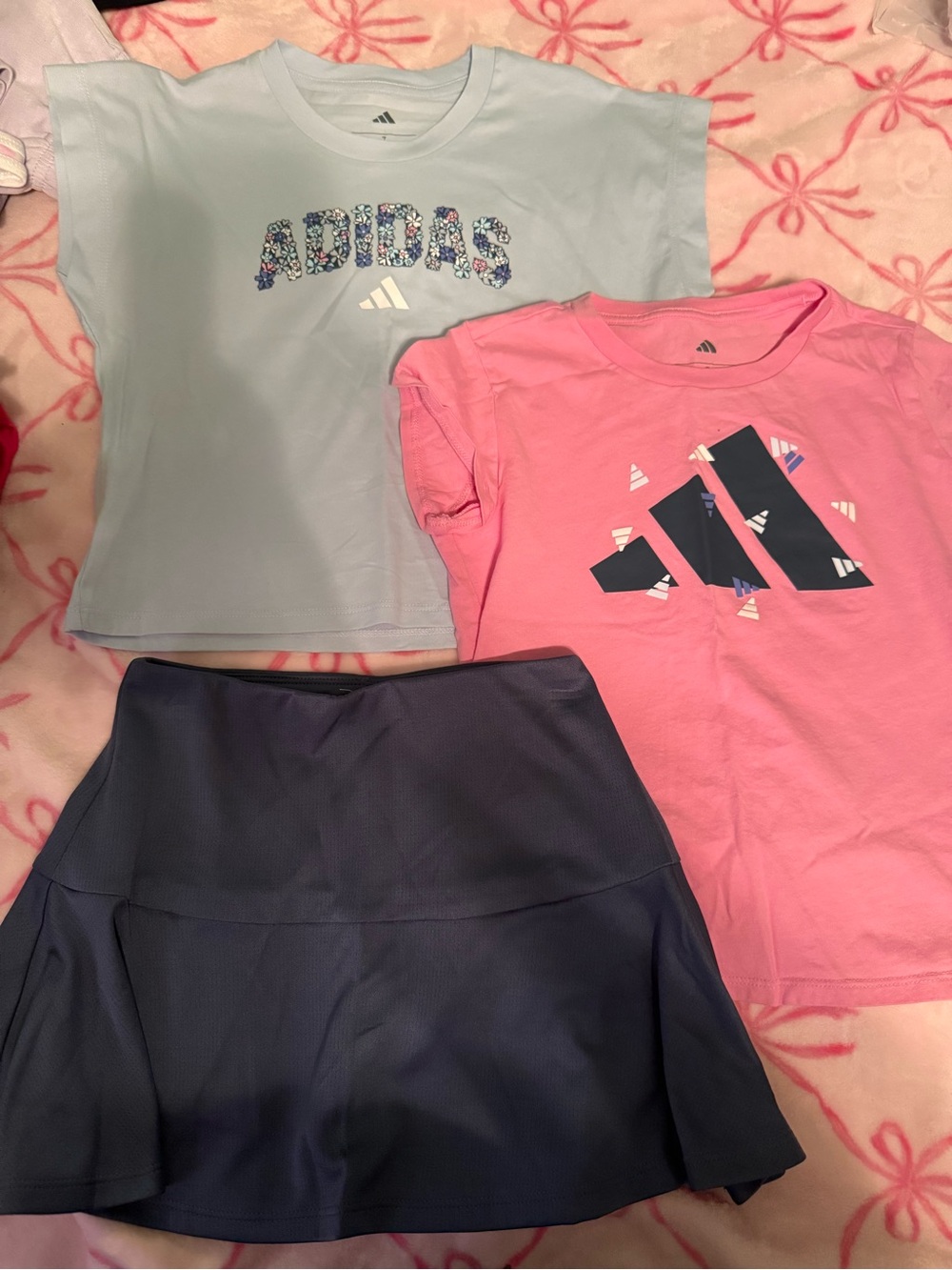 adidas Girls Light Blue & Pink Logo Tees with Navy Athletic Skort